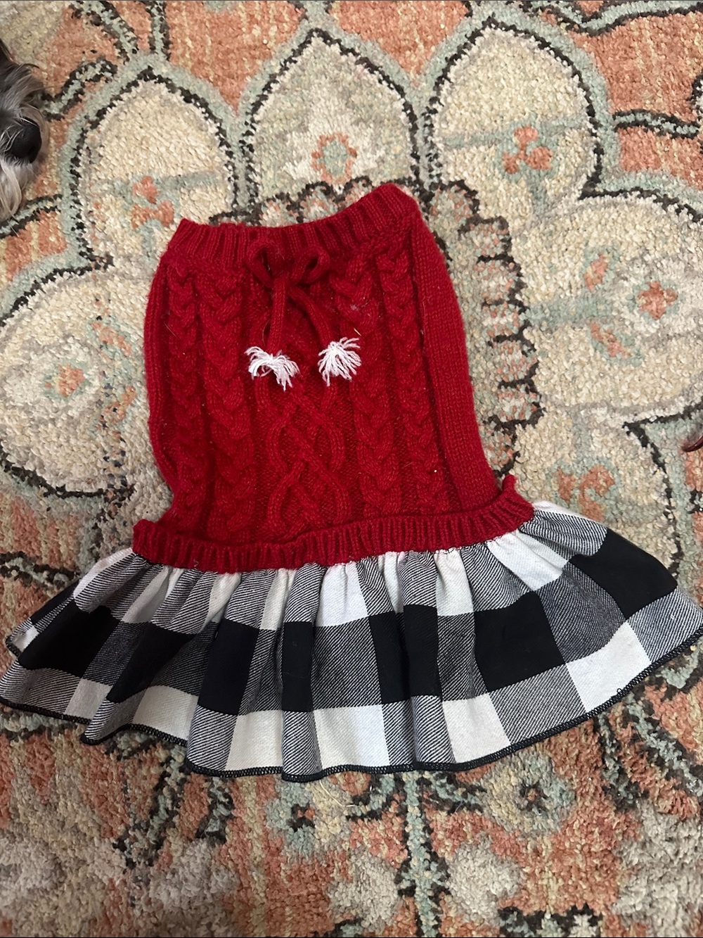 Red Cable Knit Dog Dress with Black & White Plaid Skirt - (Brand)